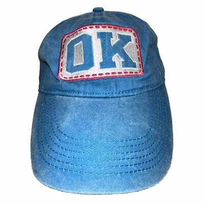 OK Souvenir Patch Hat Cap Aqua Blue Cotton Washed Out Hook Loop Kaufman Hats