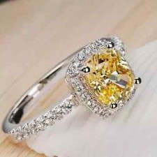 3Ct Lab-Created Yellow Citrine Halo Engagement Ring 14k White Gold Plated