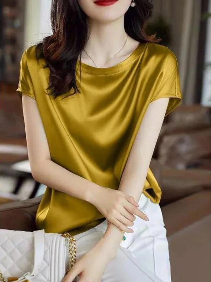 Women's Silk Shirt Loose Short-sleeved T-shirt Mulberry Silk Top Pullover Blouse