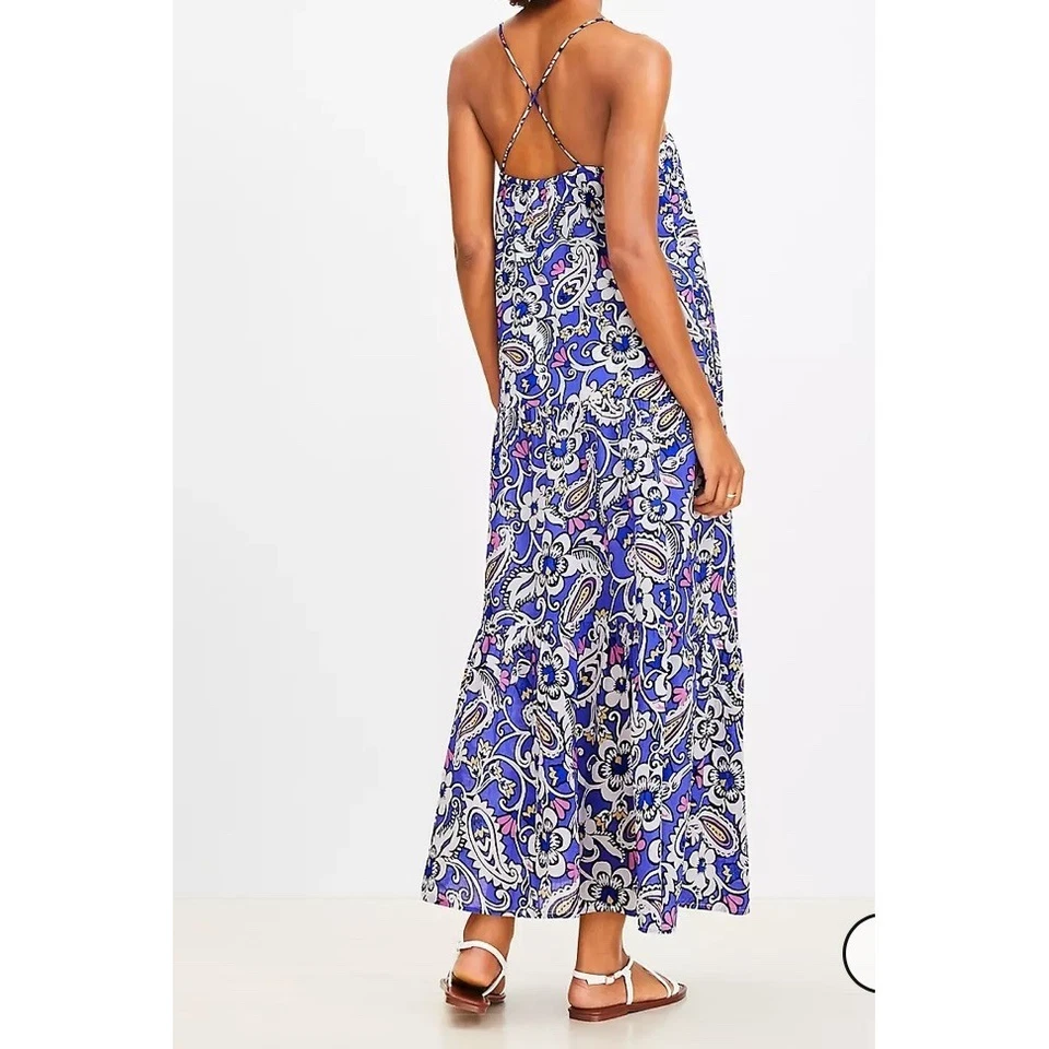 Vestido maxi LOFT praia em camadas XL azul paisley floral sem mangas casual verão - Imagem 2 de 4