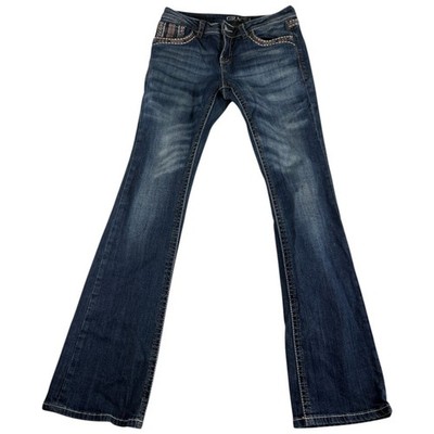 Grace In La Bootcut Jeans Womens 29 Blue Denim Stretch Embellished Flap Pockets