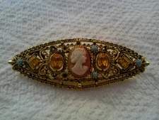 Cameo Bar Type Unmarked Brooch Pin with Rhinestones