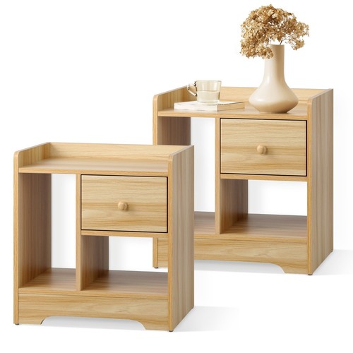 Oikiture Bedside Tables Set of 2 Side Table Nightstand Storage Shelf Natural - Picture 10 of 10