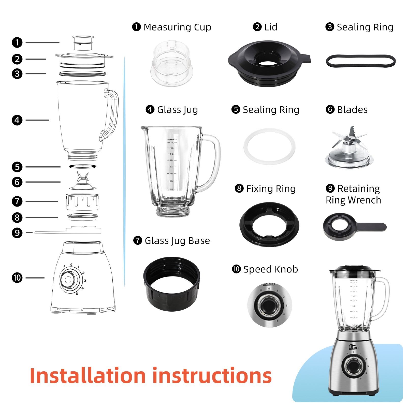 Uten 42/68oz Multifunction Kitchen Blender -Make Smoothie,Soy Milk,Grind & Mince