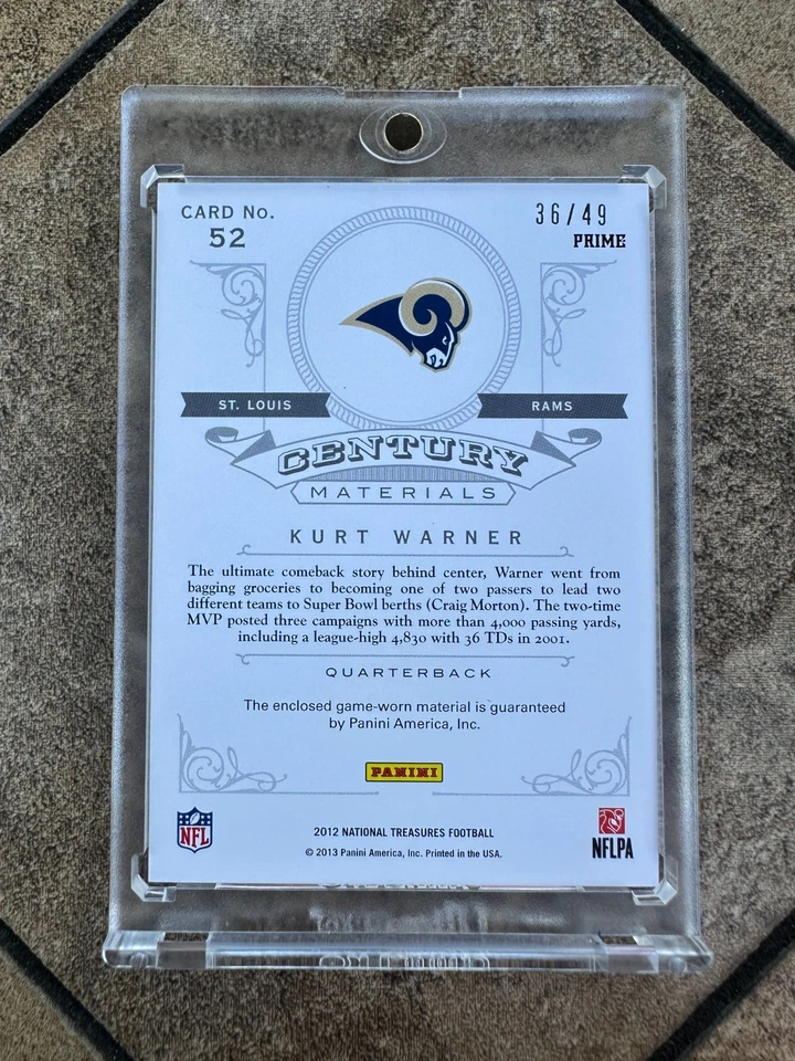 Kurt Warner 2012 National Treasures Century Materials Game Used Logo Patch /49 - Image 2 of 2