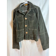 Tulle Corduroy Button Up Jacket Olive Green Casual Style Size L