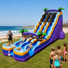 Commercial Inflatable Double Water Slide 24ft Tropical Purple Wet Dry Slide