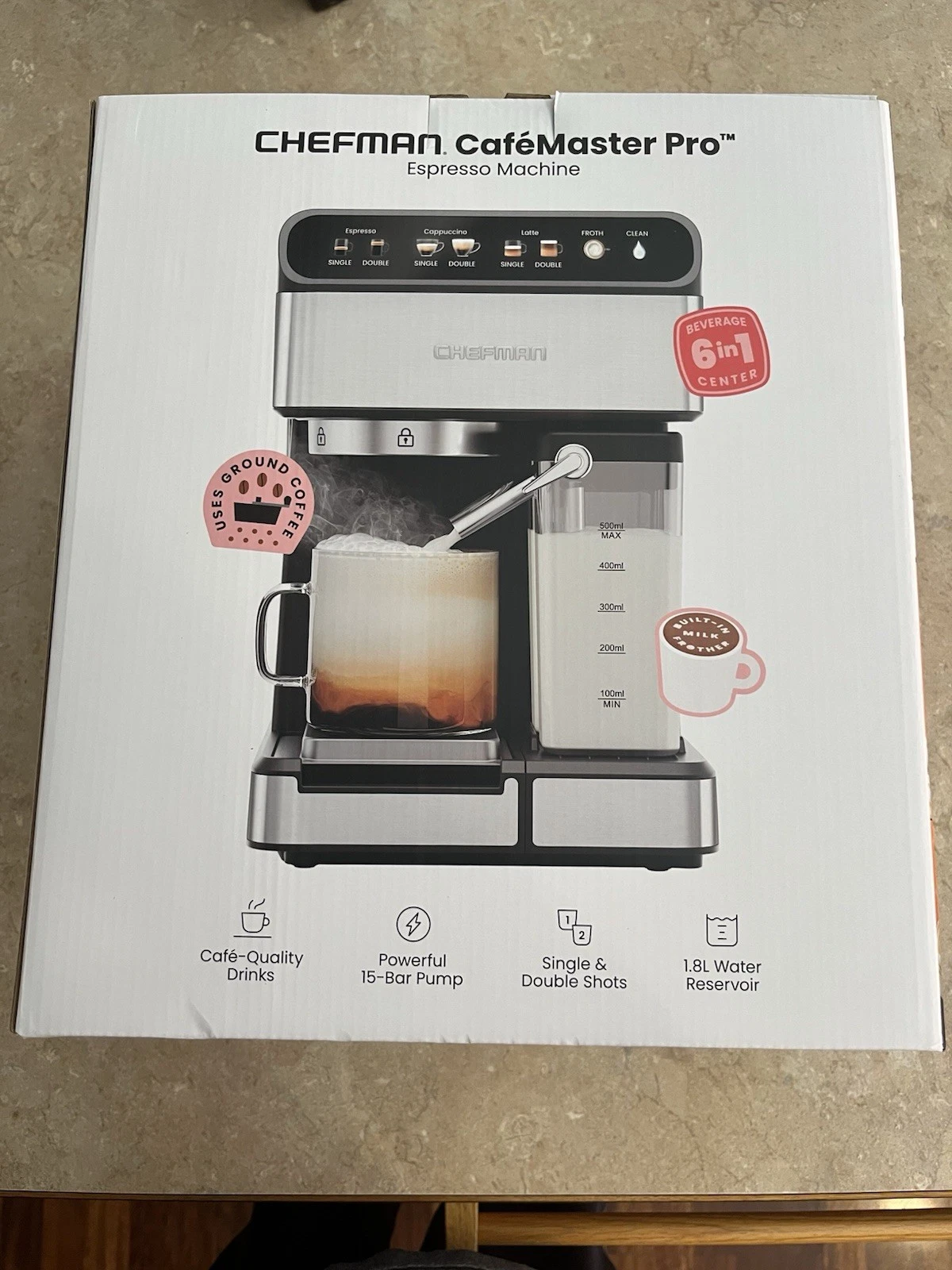 Chefman Espresso Machine FRJ54 6-in-1 Stainless Steel 15-Bar Pump