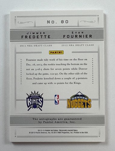 2012-13 Panini Nat'l  #80 Jimmer Fredette & Evan Fournier Auto 50/99 BA18 - Picture 2 of 2