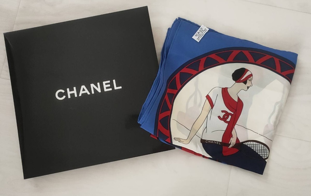 シャネル　スカーフ CHANEL Coco Mark Rue Cambon Silk Scarf Blue 33