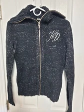 Harley Davidson Black Turtleneck Sweater Women's Small Full Zip Embroidered 