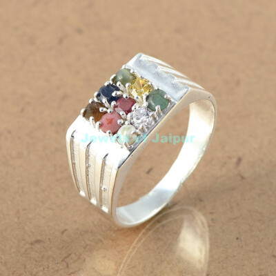 925 Sterling Silver Natural Round Cut Navratna Gemstone Men's Ring