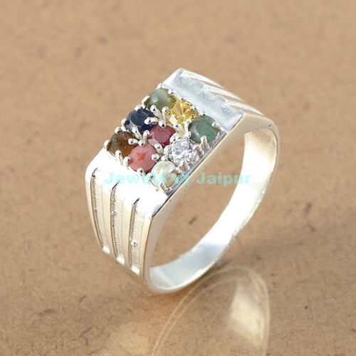 925 Sterling Silver Natural Round Cut Navratna Gemstone Men's Ring - Picture 1 of 3