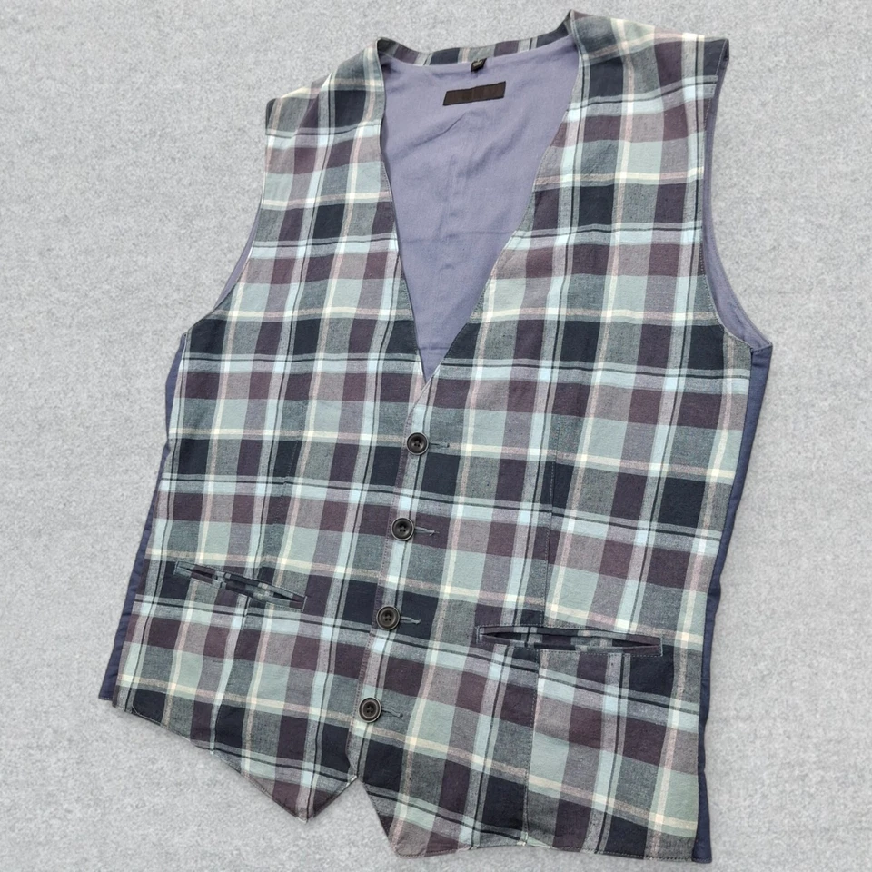 Uniqlo Vest Men's Large Blue Purple Plaid 4 Button Sleeveless Preppy Formal - Image 4 of 4