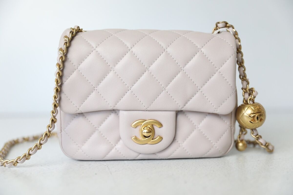 EUC Chanel Pearl Crush Square Flap Bag Quilted Lambskin Mini Lilac