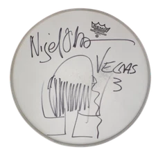 NIGEL OLSSON SIGNED AUTOGRAPH 14" STAGE-USED DRUMHEAD W/ SKETCH ELTON JOHN JSA