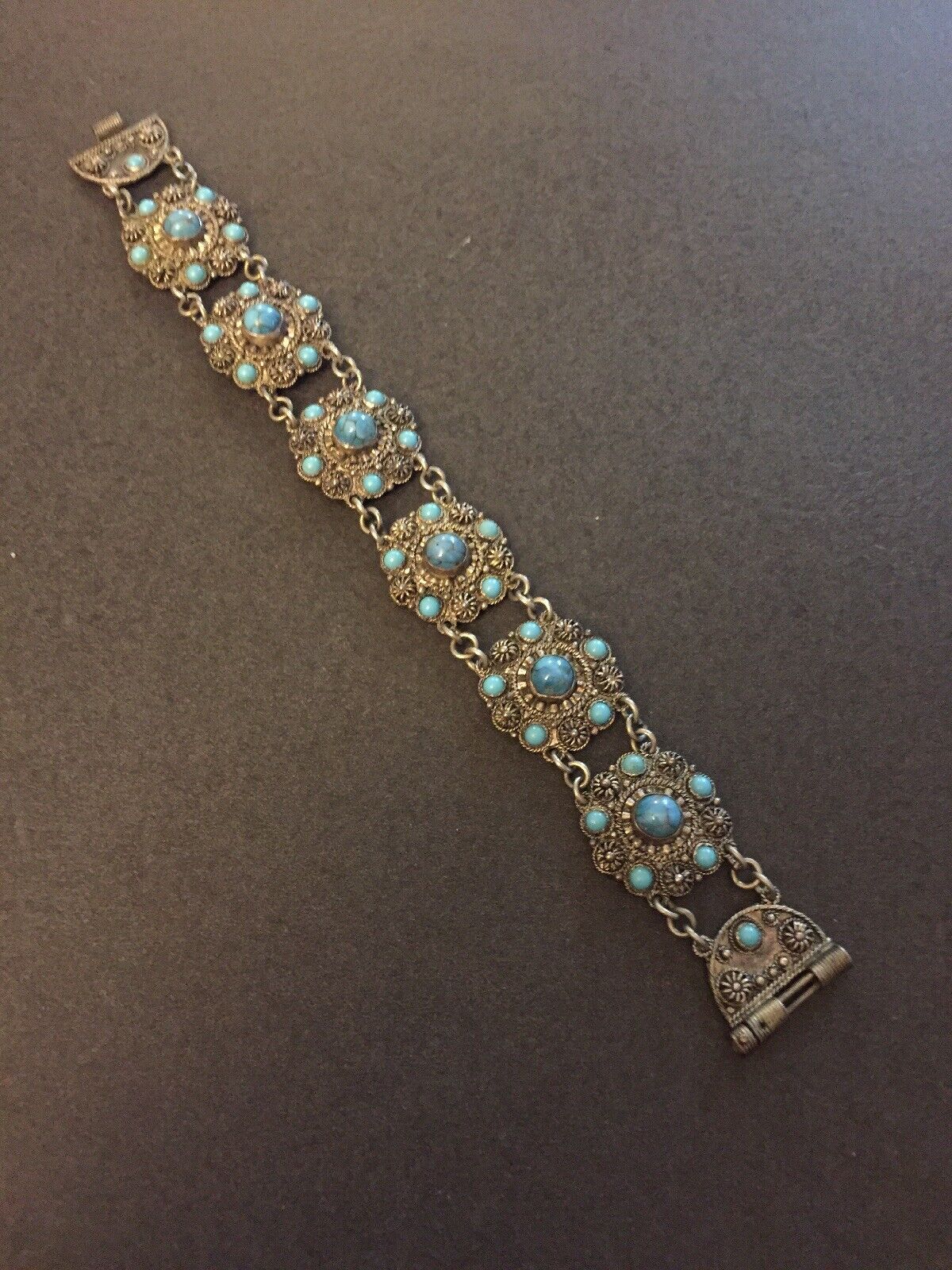 Antique Sterling Silver 900 Signed MZ Filigree Turquoise Link Bracelet