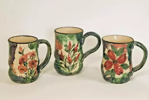 Vintage Floral Studio Art Pottery Mugs Blue Pink Green Impressionist Set of 3