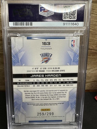 2009 LIMITED RPA Auto JAMES HARDEN RC /299 PSA 8 Auto 9 Game-Used Patch Rookie - Picture 2 of 2