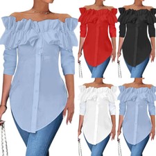 Women Off Shoulder Long Sleeve Work Party T Shirt Ladies Ruffle Blouse Tunic Top