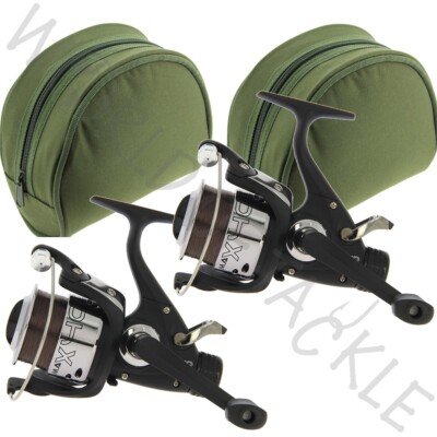 Carp Fishing Reels MAX40 NGT Freespool Runner with 8lb Line and Reel Cases x2