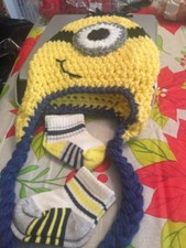 Crochet Knit Minion Baby/Toddler Hat With 2 Pr Of Socks Hand Made Free Shipping