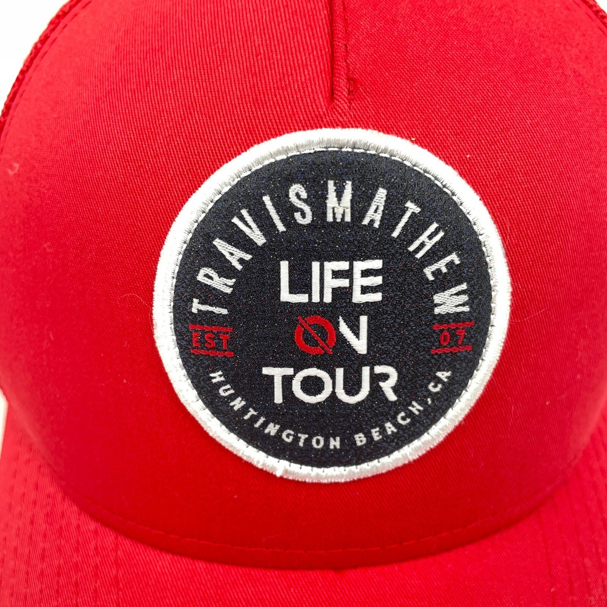 Travis Mathew Trucker Snapback Cap Red Hat Life On Tour Huntington Beach CA View 5