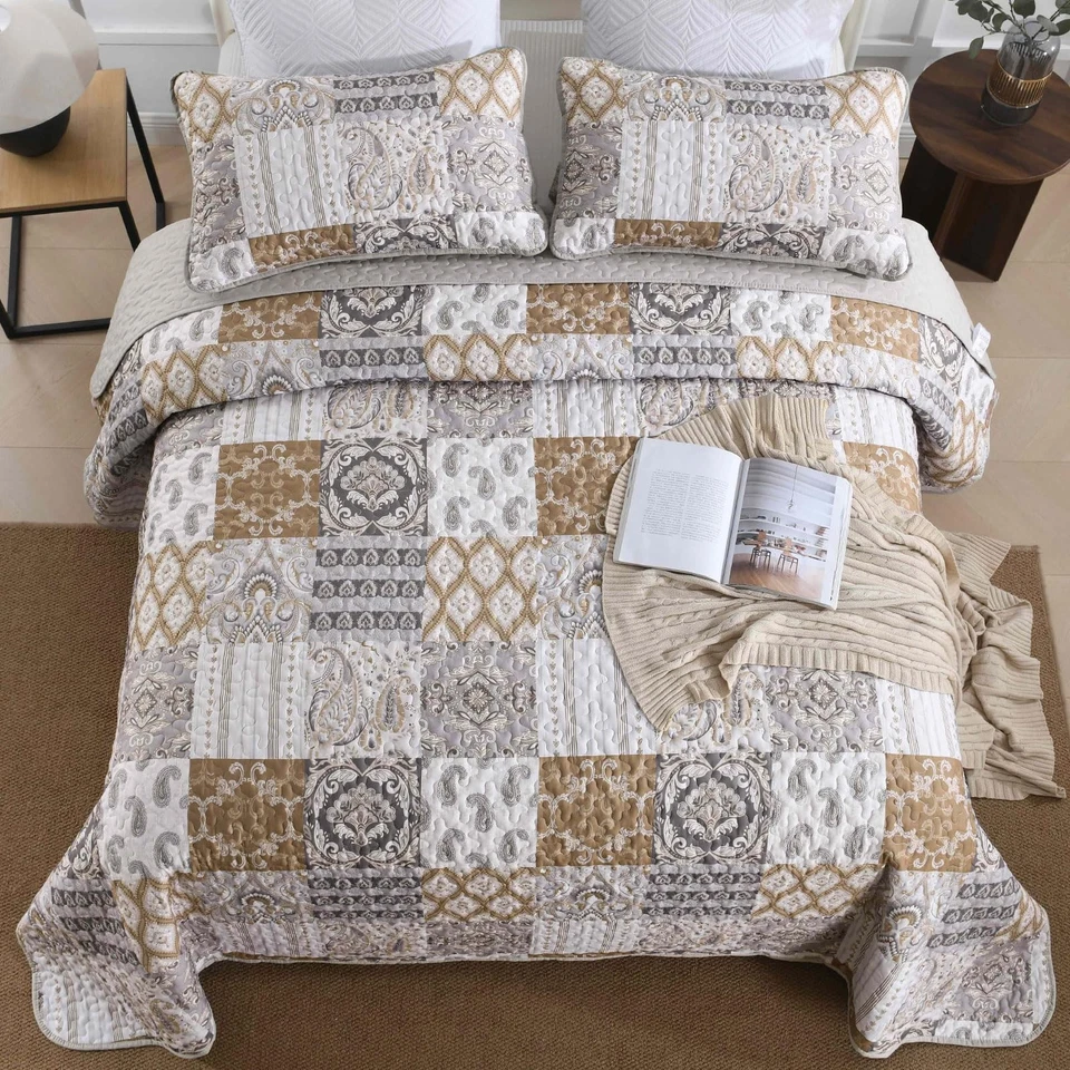 Brown Quilt Set Queen Size, Patchwork Plaid Bedspread Bedding Sets Paisley So... - Image 2 of 4