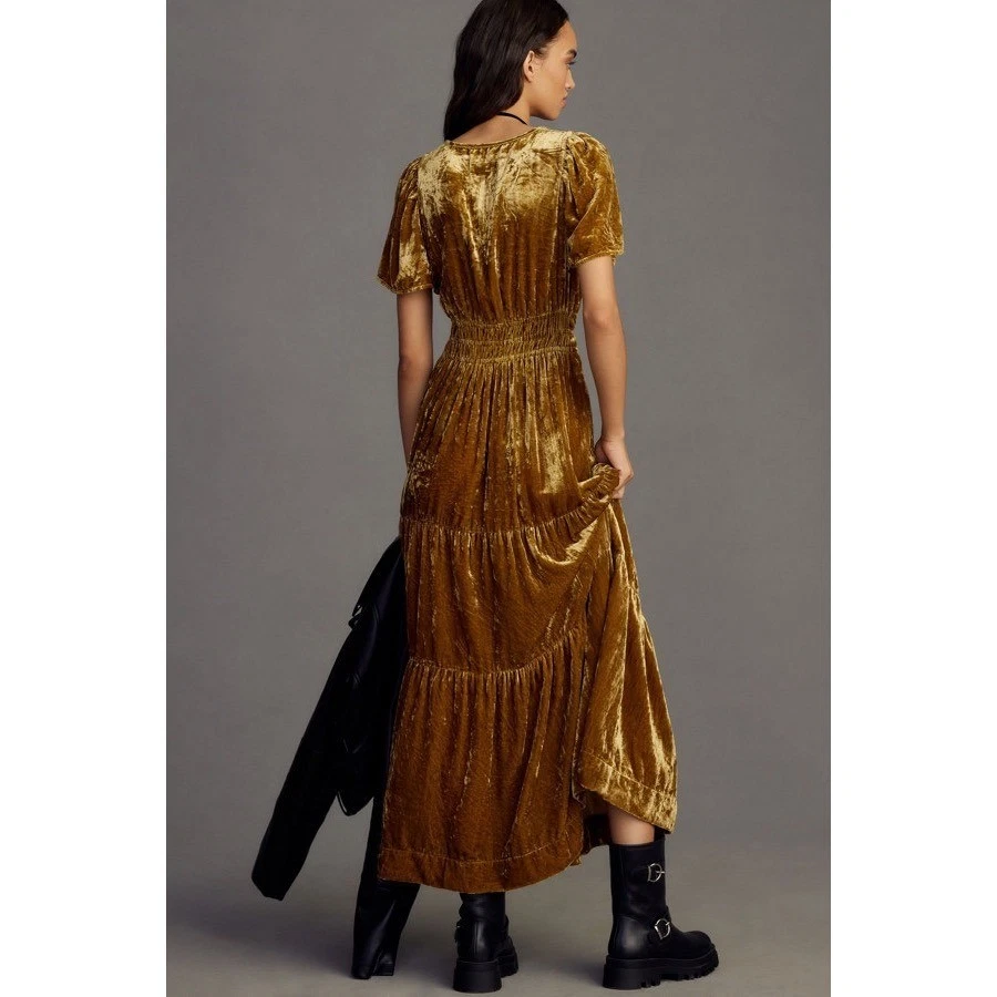 Платье макси Anthropologie Velvet Somerset Jewel Toned многоярусное с завышенной талией маленькое - Изображение 2 из 4