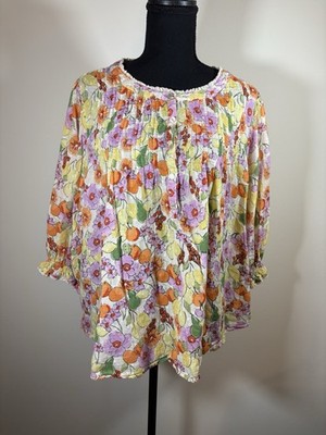 Democracy Plus Size 2X Fruit Print Blouse Cotton Pleated Boho Cottagecore