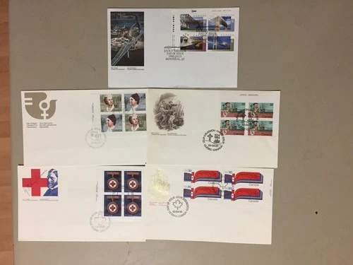 Five Canada fdc  with block of four stamps.Face value stamps $6.84