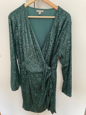 HM H&M Damen Frauen Pailletten Kleid in Grün in Größe XL / Länge 95 cm