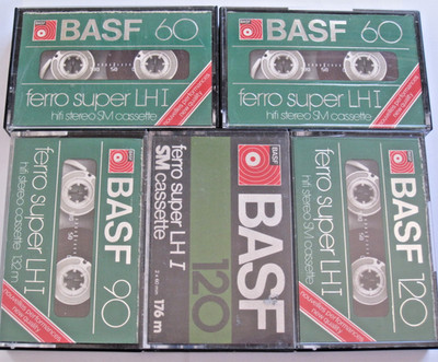 5 BASF FERRO SUPER LH-I-SM audio CASSETTE TAPES (C-60,C-90,C-120) 1970s, GERMANY