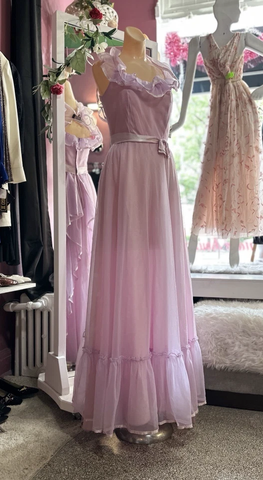 Vintage 70s Prom Formal Maxi Dress Purple Off Shoulder Prairie Boho Coquette XS - Image 4 of 4