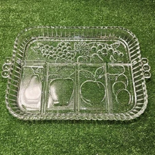 Vintage Indiana Glass Divided Crystal Relish Dish with Fruit Designs, 12" Tray