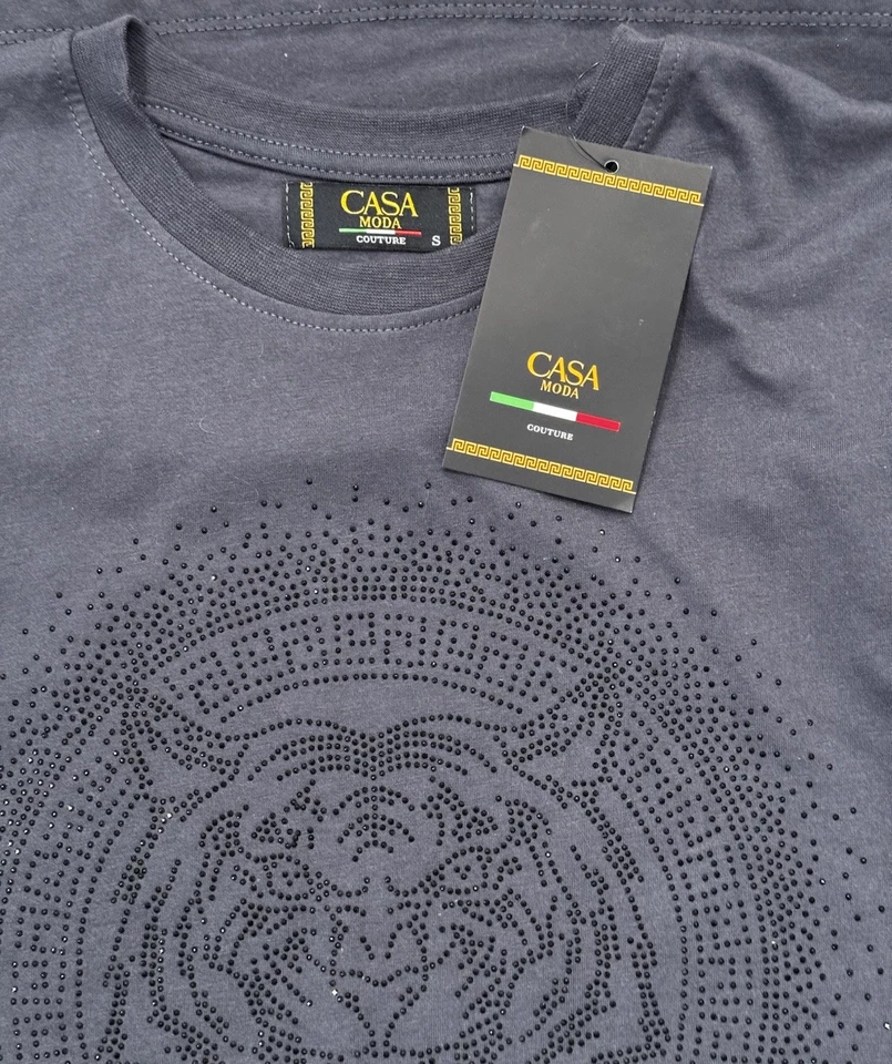Men’s Casa Moda T-shirt Black Grey Rhinestone Tiger Head Pattern Size S - Image 3 of 4