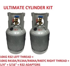 EMPTY REFRIGERANT CYLINDER GAS BOTTLE TANKS 10KG X 2 + 3 ADAPTORS 1/4" 5/16"
