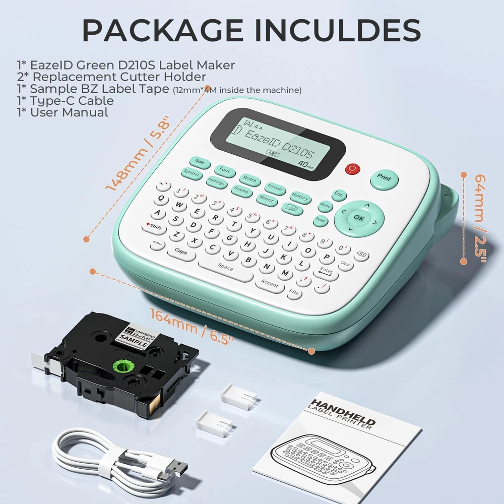 D210S Handheld Label Maker Machine with Keyboard and Tapes for Home Office Organization