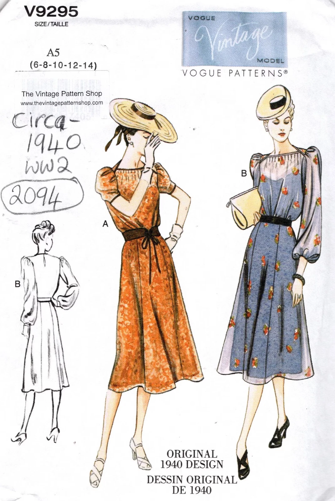 1940 WW2 Vintage VOGUE Sewing Pattern B30.5 – 31.5 – 32.5 – 34 - 36 DRESS (2094