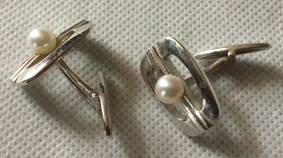 Vintage Pearl Mikimoto Silver Men’s Cufflinks Fine - Image 3 of 4