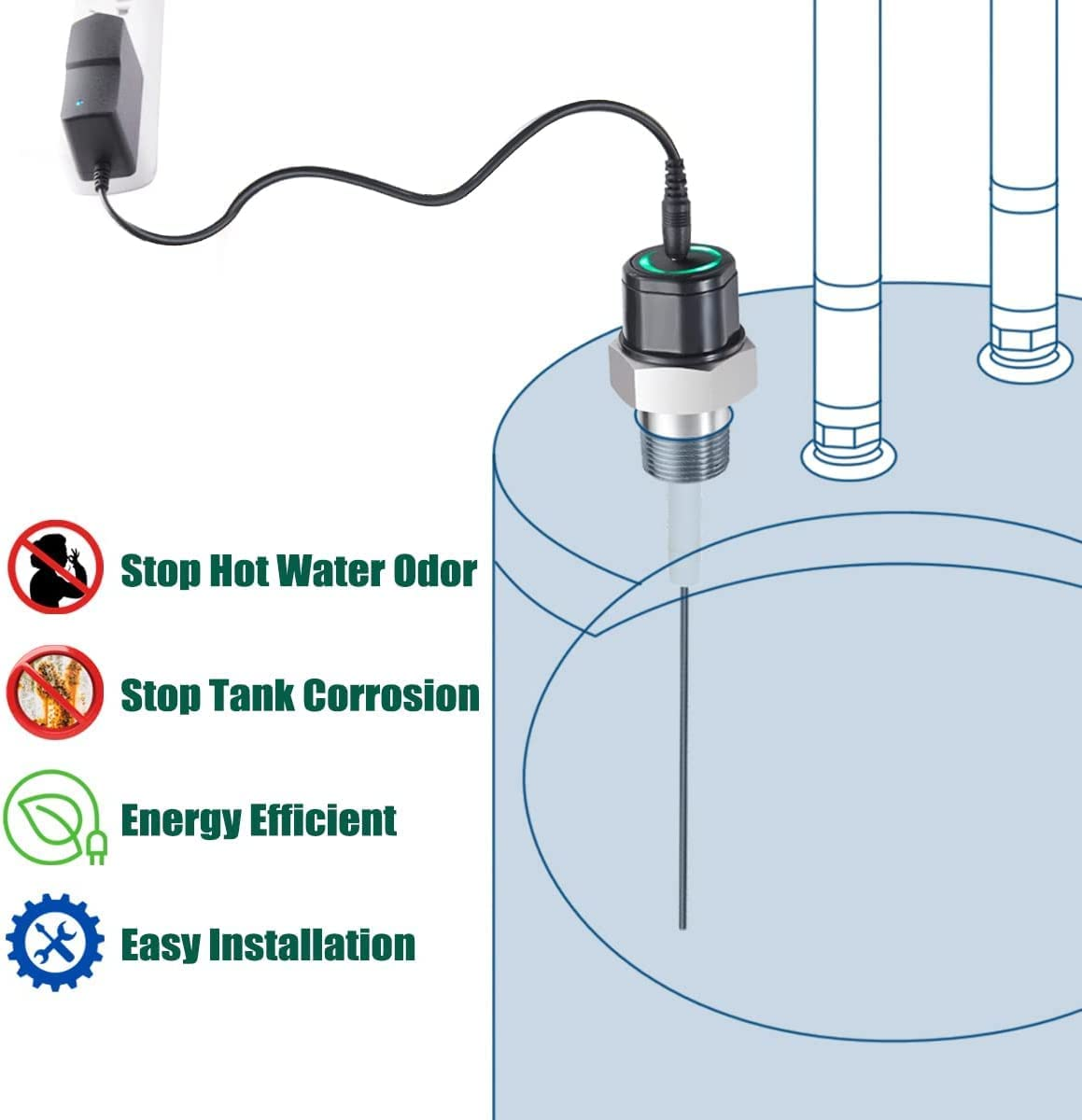 Upgrade Powered Anode Rod for Water Heater Tank, Eliminates Rotten Egg