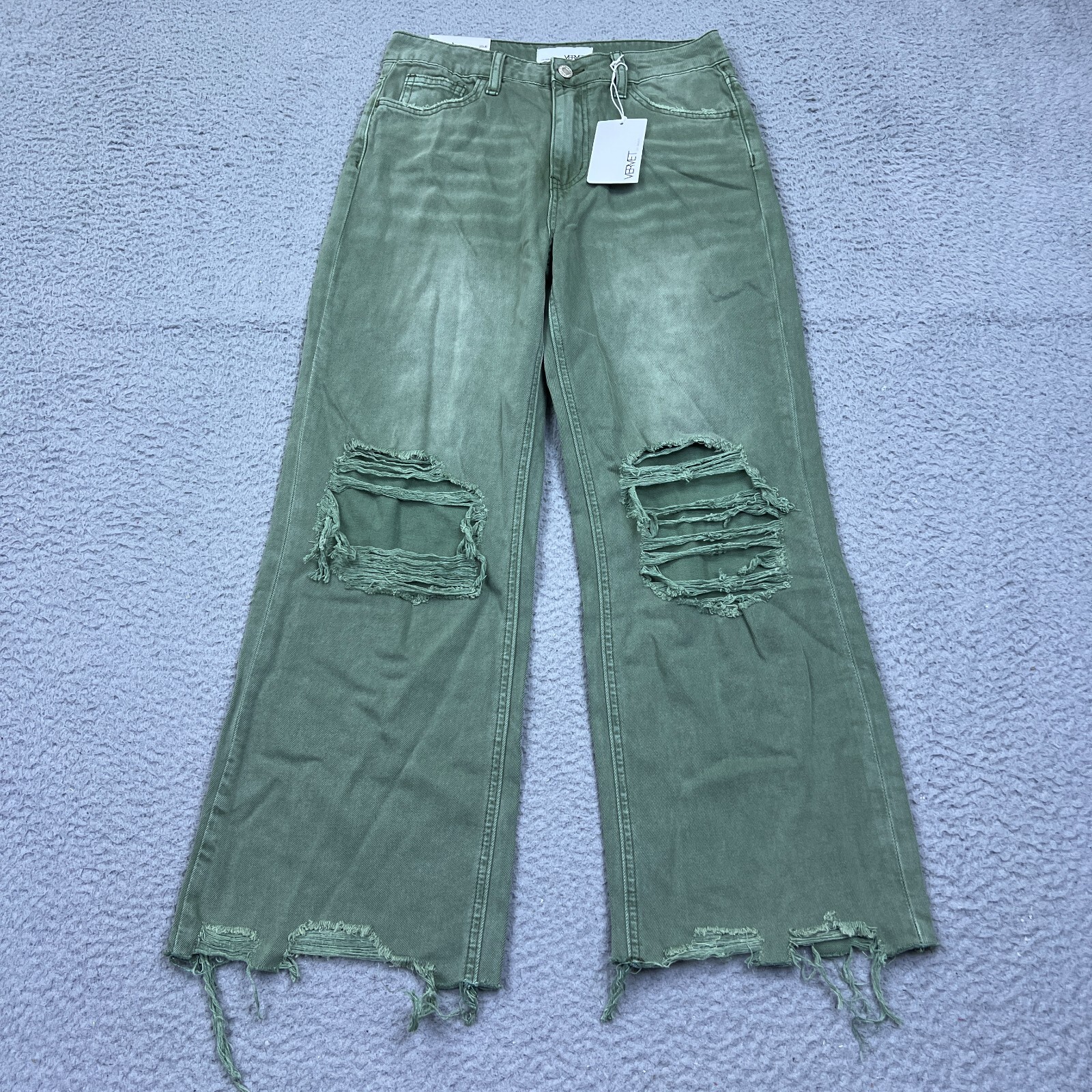NWT Vervet Leslie 90's Vintage Flare Distressed High Rise Denim Jeans 26 Green