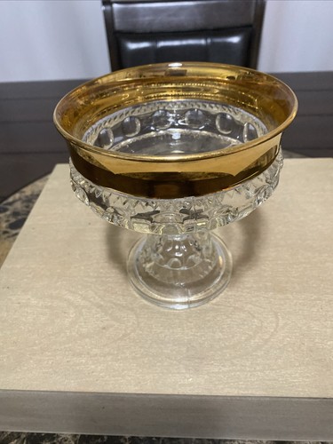 Vtg MCM Indiana Glass Compote Candy Dish Kings Crown Thumbprint Gold Rim - Picture 14 of 15
