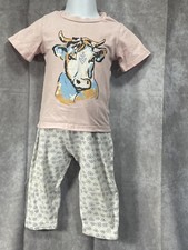 Girls 2 Piece Outfit Set Pink Cow T-Shirt White Heart Pattern Pants 18 Months