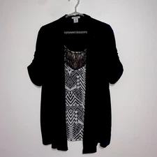 Plus Size Women's Embellished Top Black And White  2 In 1 Jacket And Top 3XL