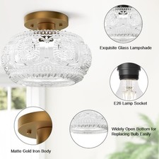 Semi Flush Mount Ceiling Light, Upgraded Larger Gold Glass Ceiling Light Fixture