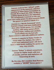 Vectrex Patriots by John Dondzilla *Very Rare Original 2002 Release* CIB MINT!