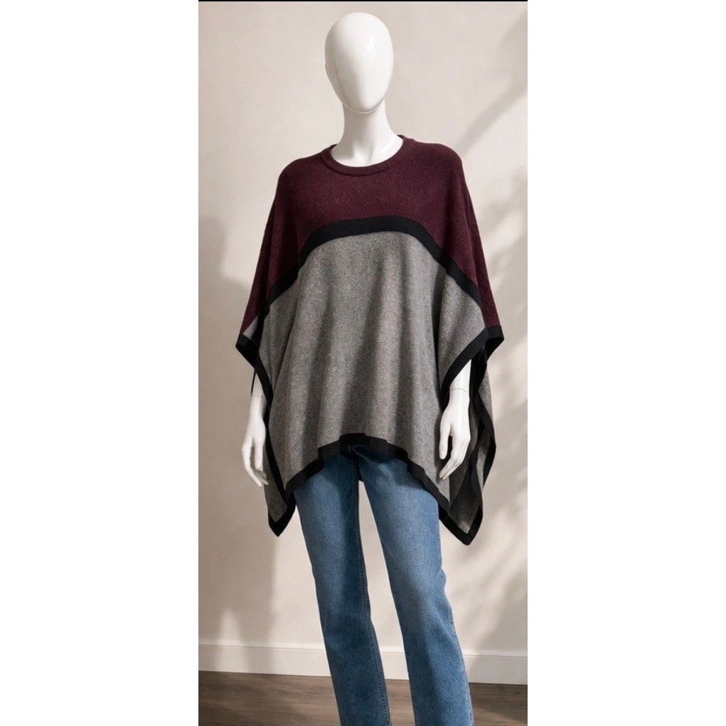 Calvin Klein Poncho Sweater Womens S/M Burgundy Grey Colorblock Knit Wrap Top