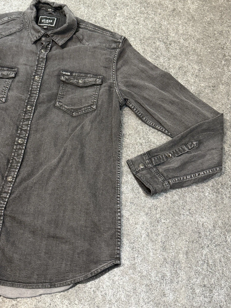 Camisa occidental Guess ajustada negra denim frontal a presión grande para hombre