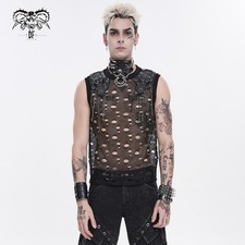 Devil Fashion Men Black Decadent Mesh Vest Punk Chain Buckle Hollow Out Tank Top